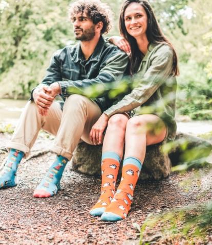 Mann und Frau sitzen nebeneinander auf einem Stein und tragen Bunte Socken mit Pinguin Motiv.